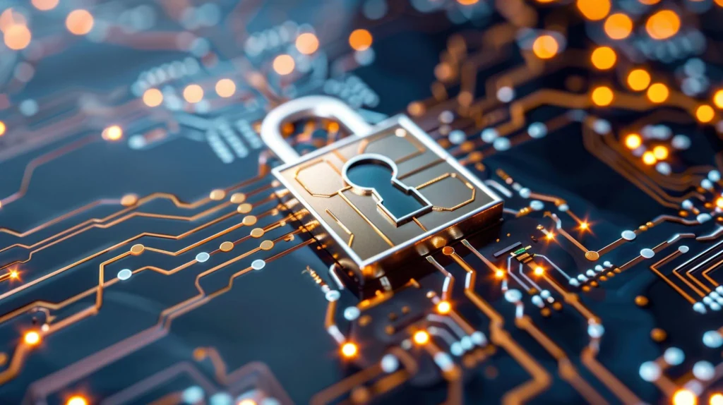 Close-up of a digital lock on a circuit board, symbolizing secure access control technology.