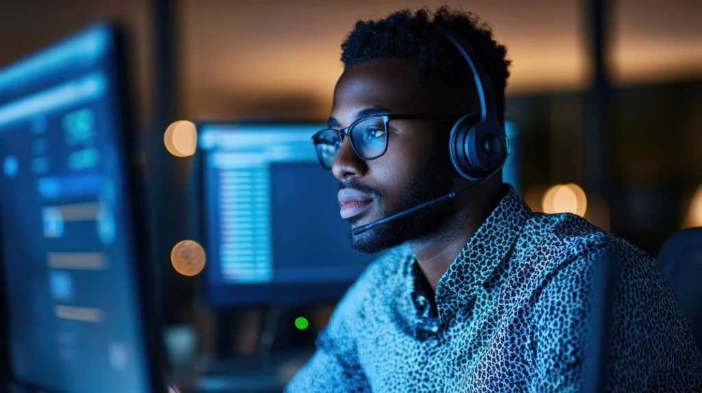 Security operator managing systems during critical situations with multiple monitors.