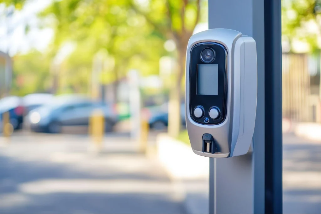 Advanced security gate camera for monitoring access points on a construction site.