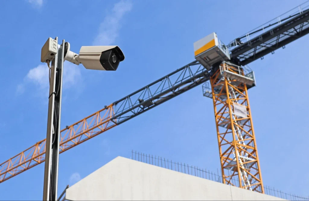 Outdoor bullet-style surveillance camera mounted on pole with crane in background under clear sky