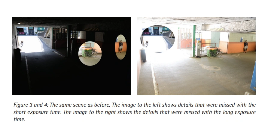 Comparison of exposure time effects in bullet cameras, showing the difference in image details.