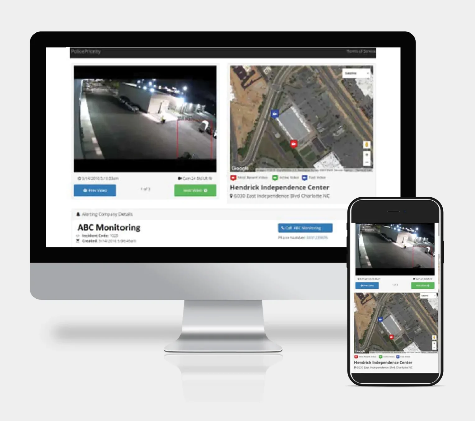 Écran d'ordinateur et de smartphone montrant des images de caméras de sécurité en direct et une carte de suivi des incidents
