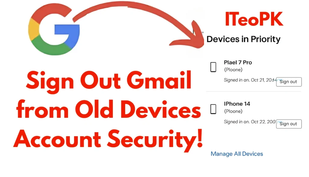 Graphic showing Gmail account sign-out for securing access from old devices.