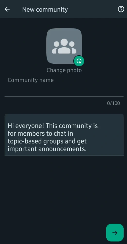 New WhatsApp community setup screen, showing messaging features not tied to home security