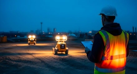 Worker in safety gear inspecting site during nighttime with construction lights.