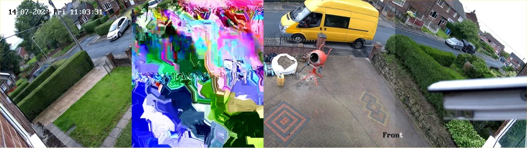 CCTV footage showing partial image distortion alongside clear video from outdoor camera.