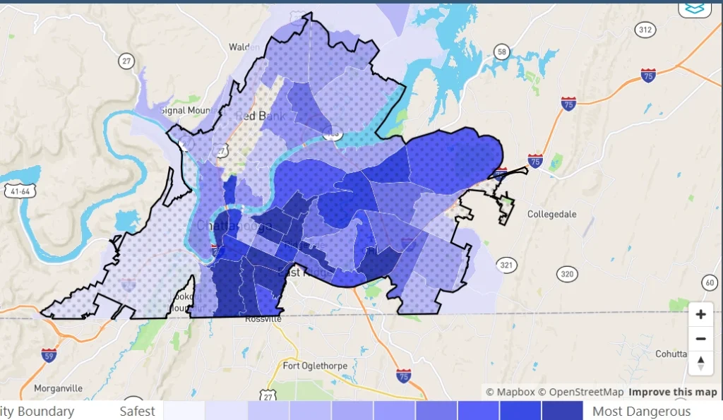 Chattanooga crime heat map showing safest to most dangerous neighborhoods in 2025