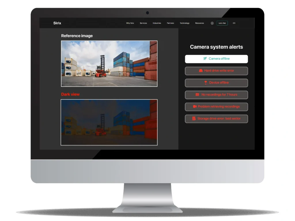 Computer screen showing camera system alerts with dark and reference surveillance images.