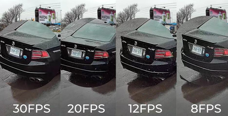 Frame rate comparison from 30FPS to 8FPS showing impact on license plate clarity in surveillance