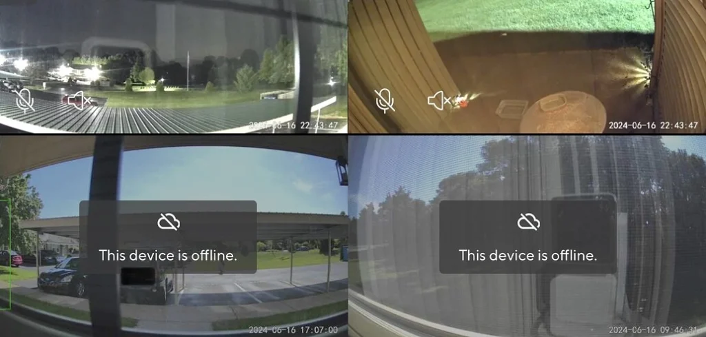 Multiple security camera feeds offline with on-screen message showing device disconnection.