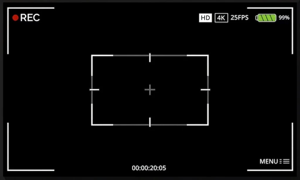 Recording screen interface showing surveillance camera viewfinder with status indicators.