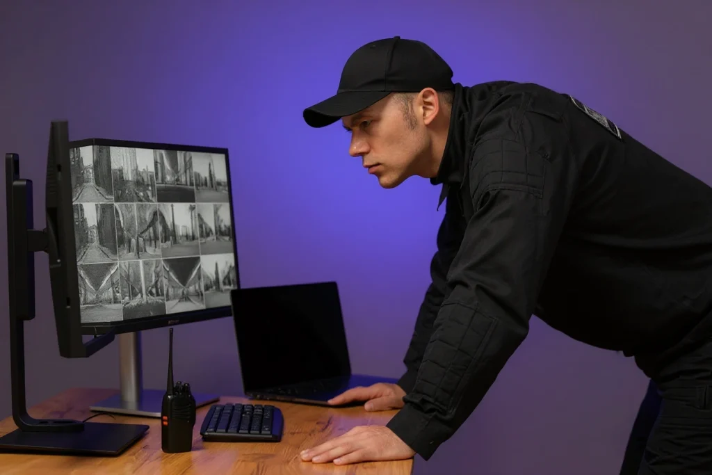 Security officer monitoring multiple surveillance camera feeds on computer screens.