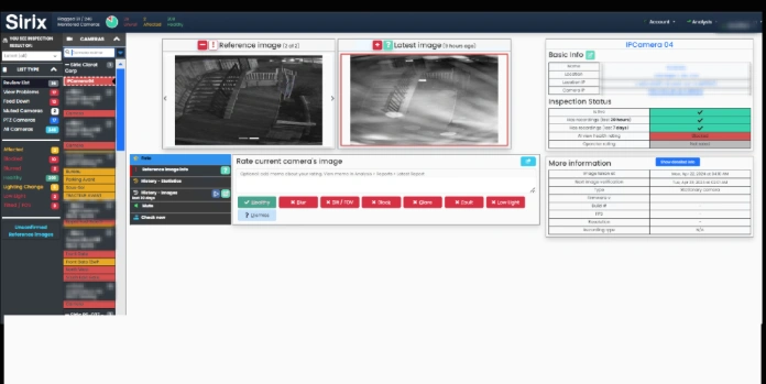 Security software interface comparing surveillance camera reference image with latest feed.