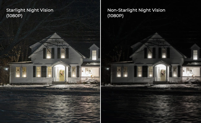 Comparison of starlight night vision vs non-starlight for bullet cameras in low-light security.