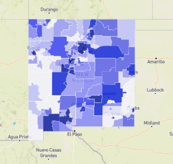 Carte de la densité de criminalité des comtés du Nouveau-Mexique mettant en évidence les différences régionales dans les statistiques de la criminalité en 2025.