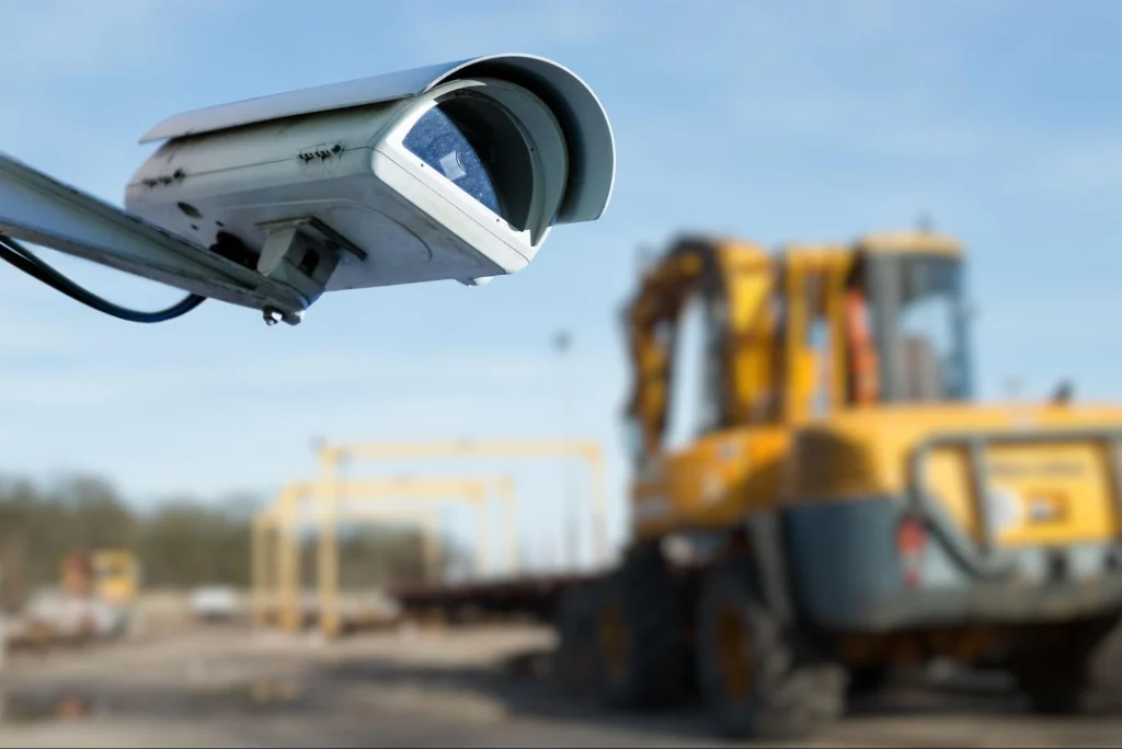 Outdoor bullet surveillance camera securing construction site with heavy equipment in background.