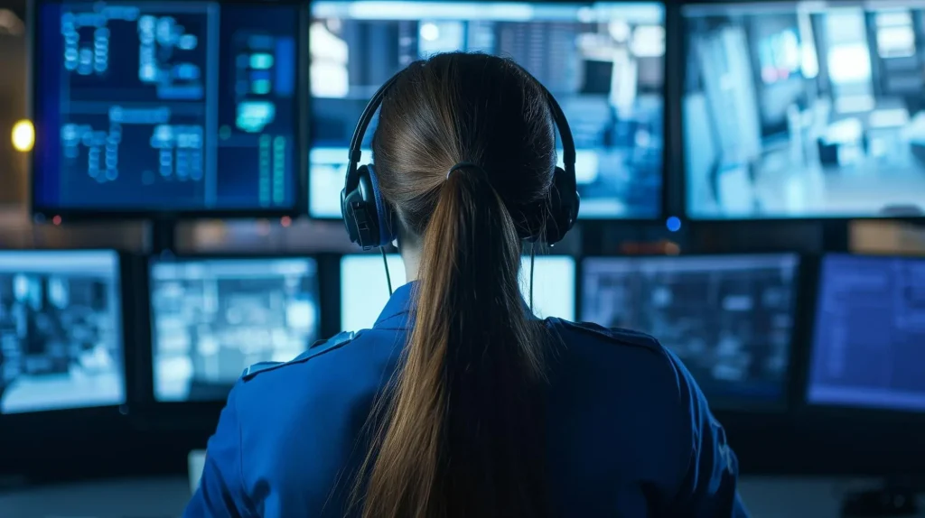 La salle de contrôle de la sécurité surveille à distance les images des caméras sans fil.