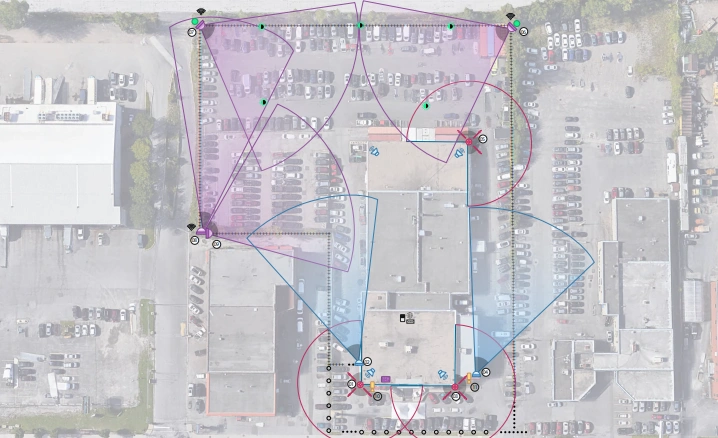 Surveillance camera coverage map showing dome camera placement and optimized field of view areas