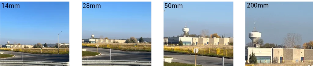 View comparison with bullet camera lens zoom levels 14mm, 28mm, 50mm, and 200mm for long distance