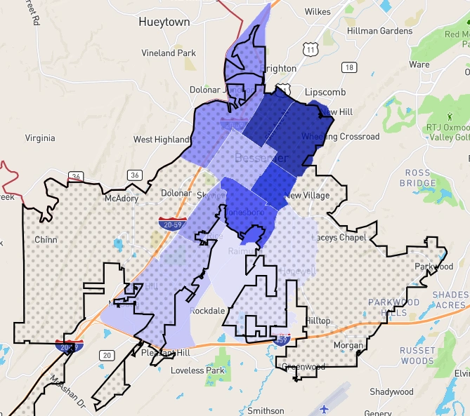La carte des taux de criminalité de Bessemer, Alabama, met en évidence les quartiers dangereux avec les zones ombrées en bleu foncé 2025.