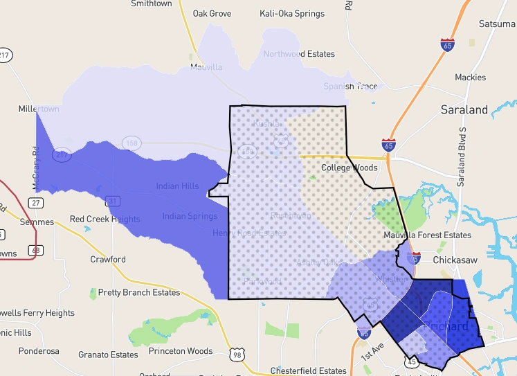 Carte des taux de criminalité de Prichard, Alabama, mettant en évidence les quartiers à haut risque marqués par des zones bleues plus foncées.