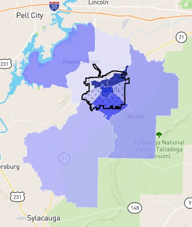 Carte de la répartition des crimes à Talladega, Alabama, avec les quartiers dangereux marqués en bleu 2025.