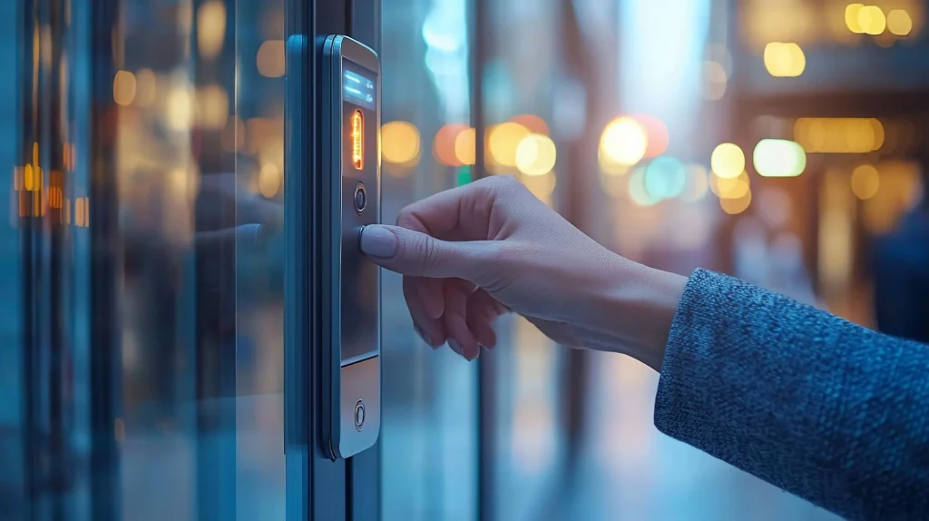 Person using keyless access system to unlock a secure glass door.
