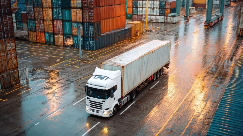 Camion traversant une zone de chargement, illustrant la nécessité d'un périmètre de sécurité.
