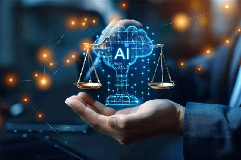 Les échelles de l'IA et de la justice symbolisent l'IA dans la gestion de la vidéosurveillance.