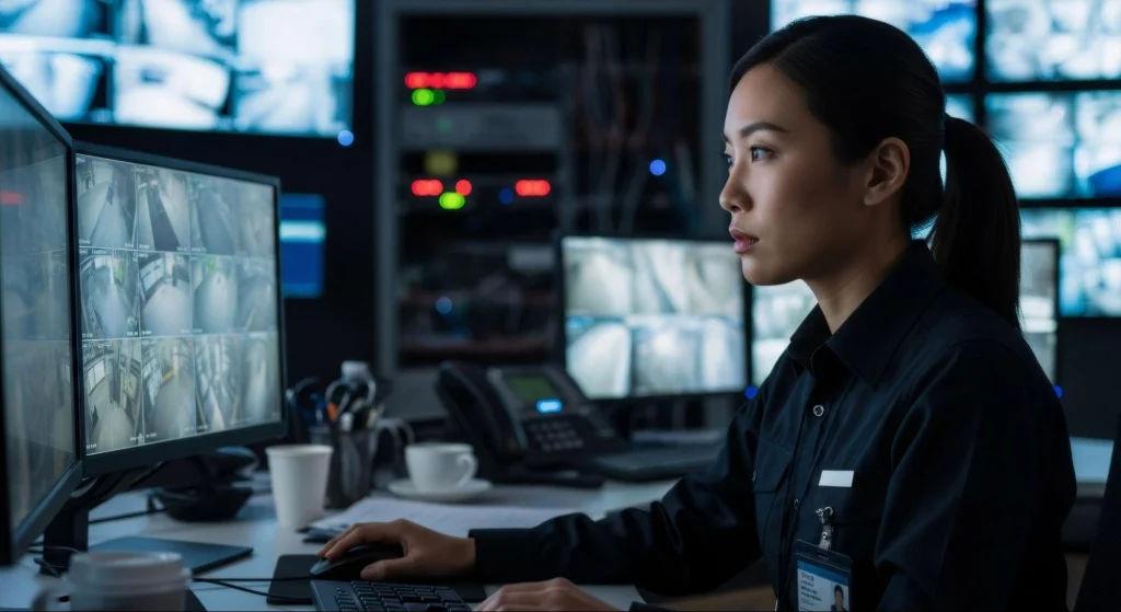 Opérateur de sécurité visionnant des images de surveillance sur plusieurs écrans.