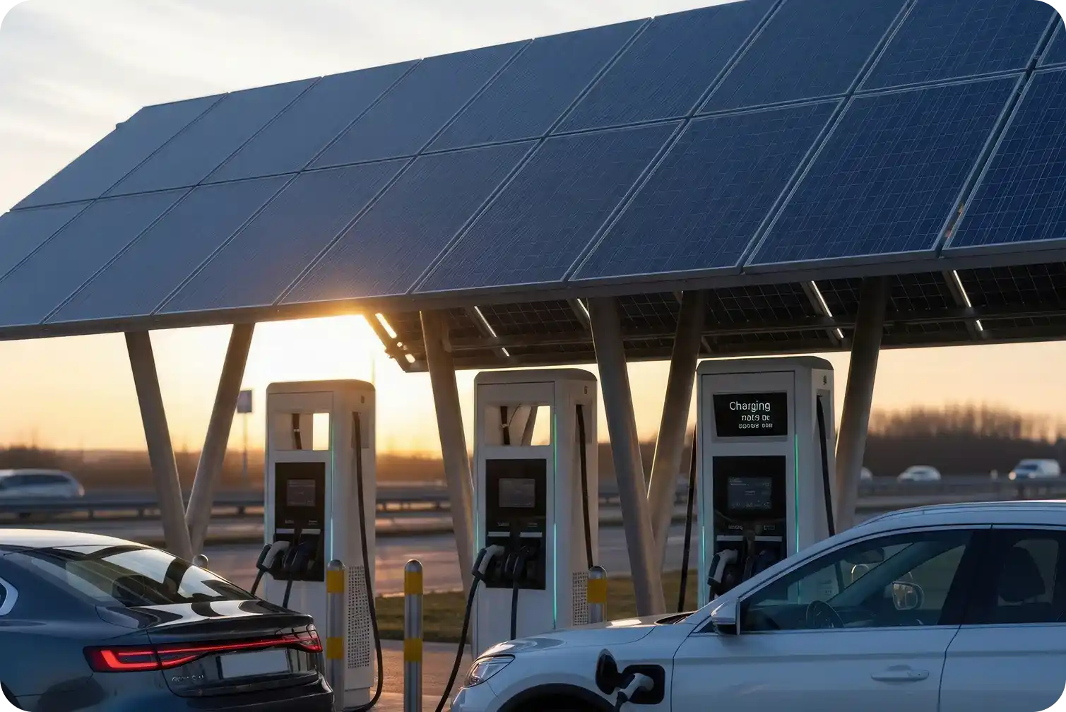 Solar powered EV charging stations in parking lot with integrated monitoring system
