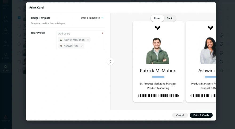 Interface du système de contrôle d'accès par badge montrant l'impression de la carte d'identité de l'employé