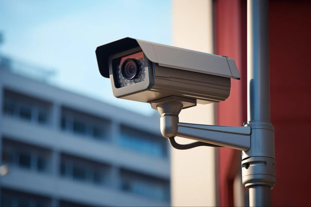 Close-up of a security camera mounted on a building.