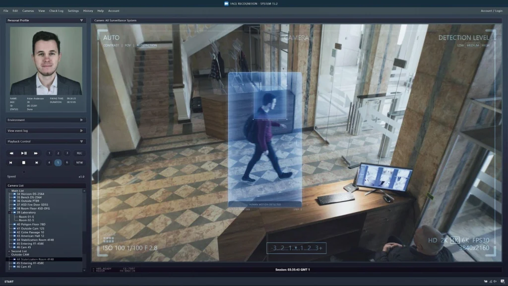 Face recognition software displaying an individual's profile in a security system.
