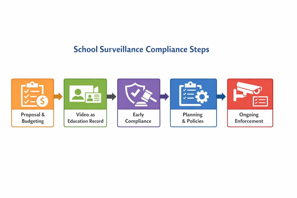 Infographic showing school surveillance compliance steps.
