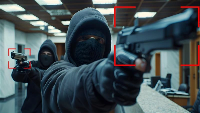 Security camera detecting armed intruders inside a building during a campus threat scenario.