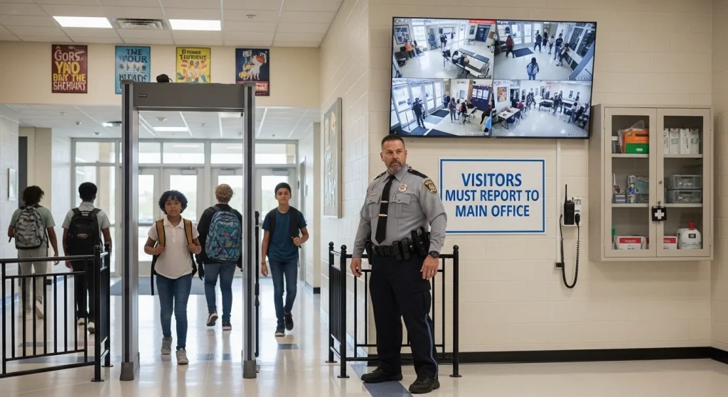 Security officer and students entering school monitored by cameras.